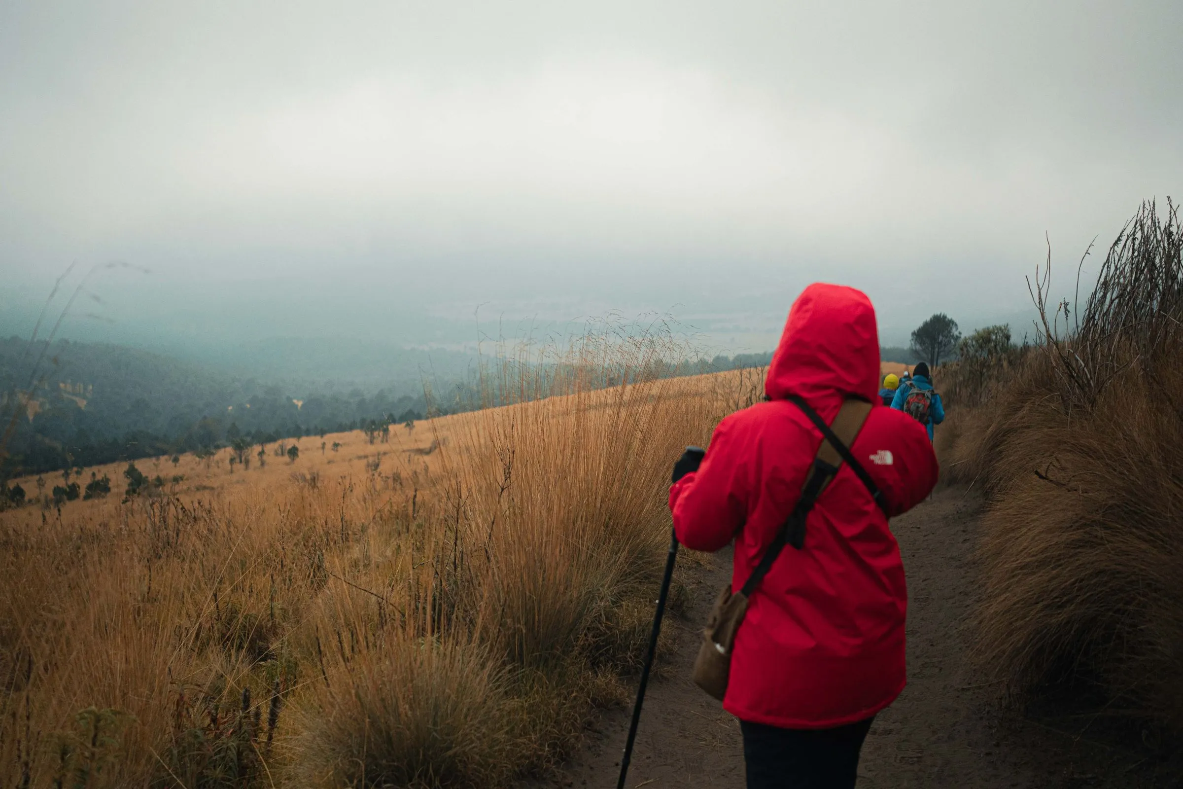 Ada from behind in a red hooded jacket, walking a grassy hillside path into low cloud